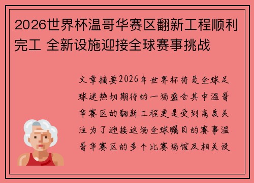 2026世界杯温哥华赛区翻新工程顺利完工 全新设施迎接全球赛事挑战