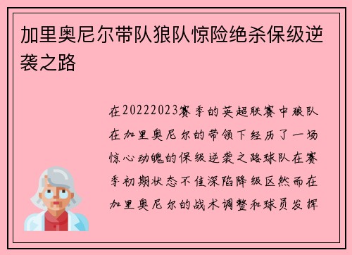 加里奥尼尔带队狼队惊险绝杀保级逆袭之路