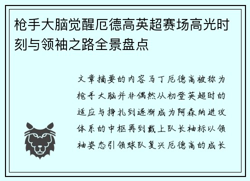 枪手大脑觉醒厄德高英超赛场高光时刻与领袖之路全景盘点